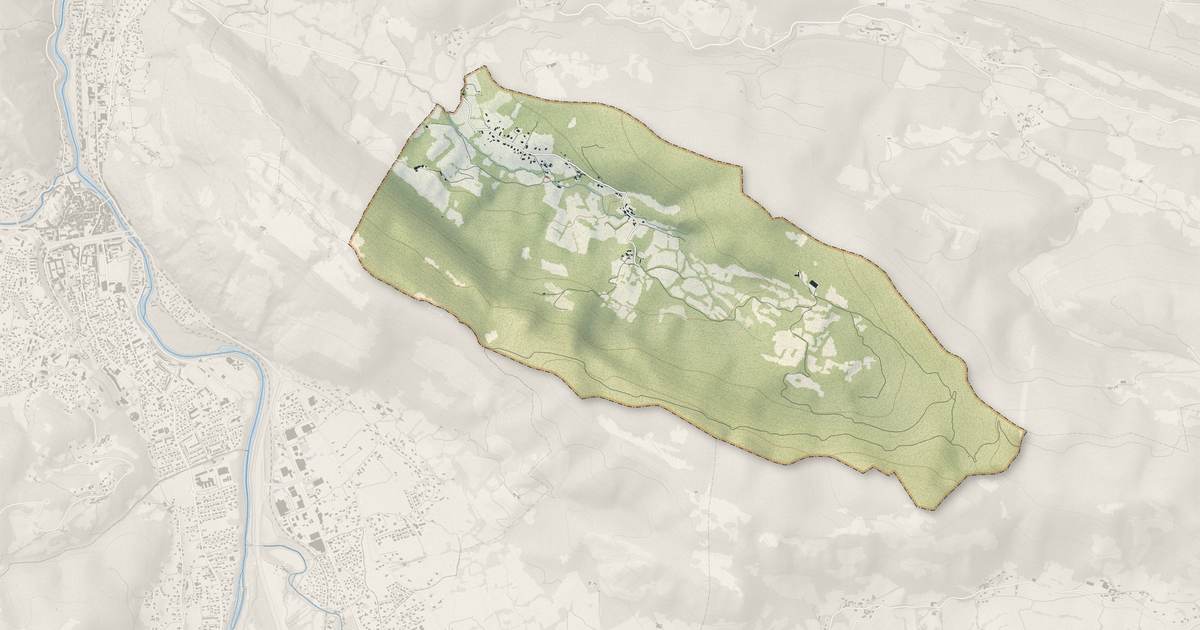 Portrait cartographique de Pradières : relief, eau, forêts, bâti et voies, calculés à partir des données de l'IGN