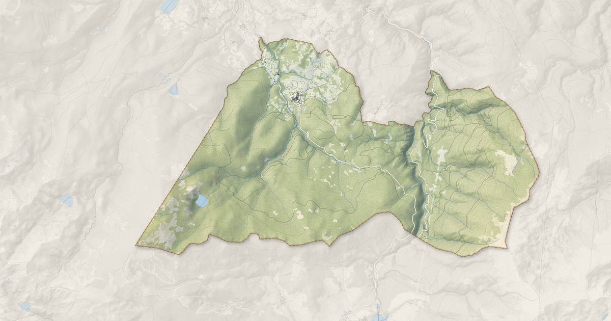 Portrait cartographique de Quérigut : relief, eau, forêts, bâti et voies, calculés à partir des données de l'IGN