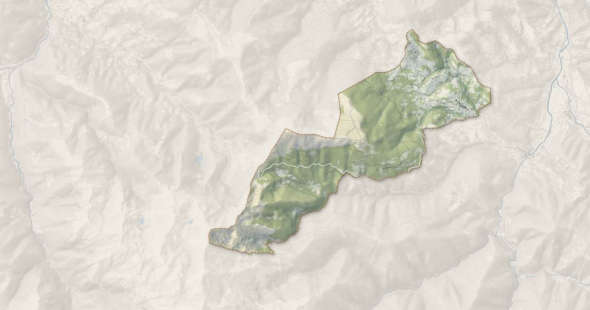 Portrait cartographique de Sentenac-d'Oust : relief, eau, forêts, bâti et voies, calculés à partir des données de l'IGN