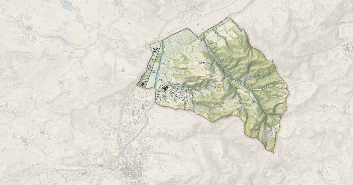 Portrait cartographique de Pieusse : relief, eau, forêts, bâti et voies, calculés à partir des données de l'IGN