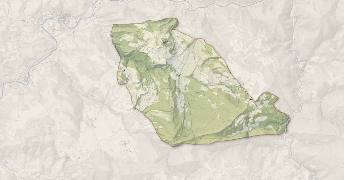 Portrait cartographique de Rennes-le-Château : relief, eau, forêts, bâti et voies, calculés à partir des données de l'IGN