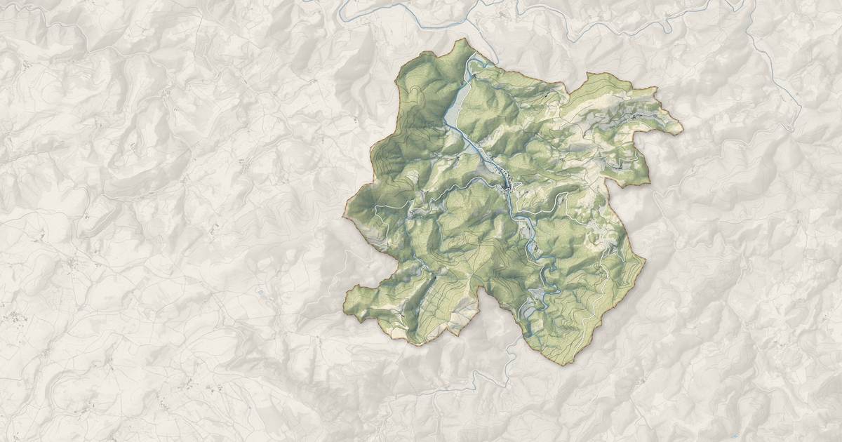 Portrait cartographique de Brusque : relief, eau, forêts, bâti et voies, calculés à partir des données de l'IGN