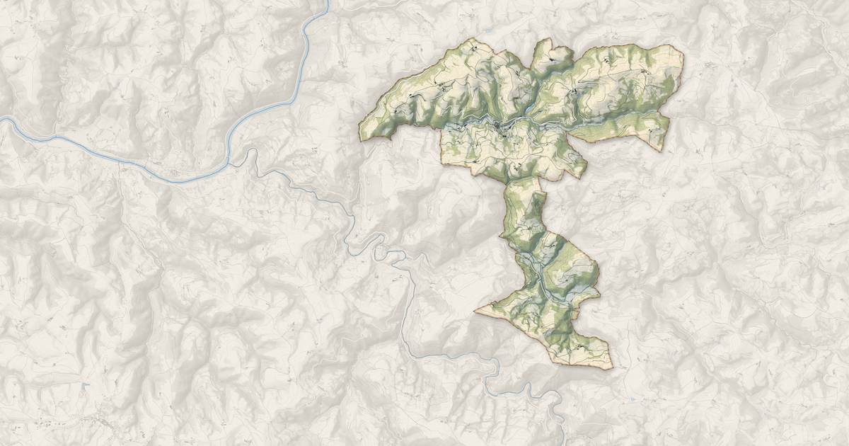 Portrait cartographique de Coupiac : relief, eau, forêts, bâti et voies, calculés à partir des données de l'IGN