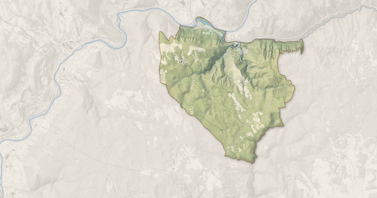 Portrait cartographique de Peyreleau : relief, eau, forêts, bâti et voies, calculés à partir des données de l'IGN