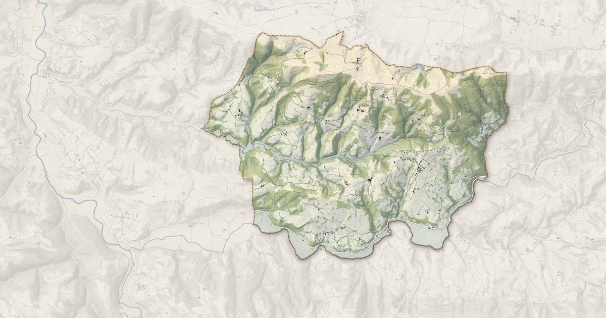 Portrait cartographique de Pruines : relief, eau, forêts, bâti et voies, calculés à partir des données de l'IGN