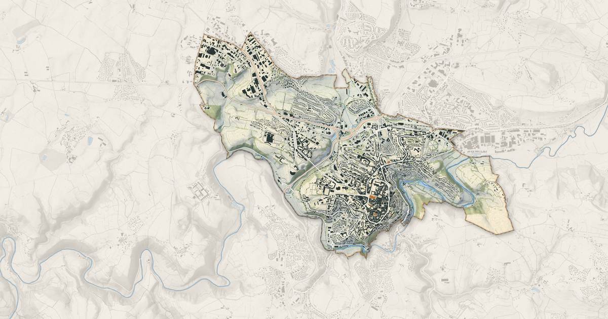 Portrait cartographique de Rodez : relief, eau, forêts, bâti et voies, calculés à partir des données de l'IGN