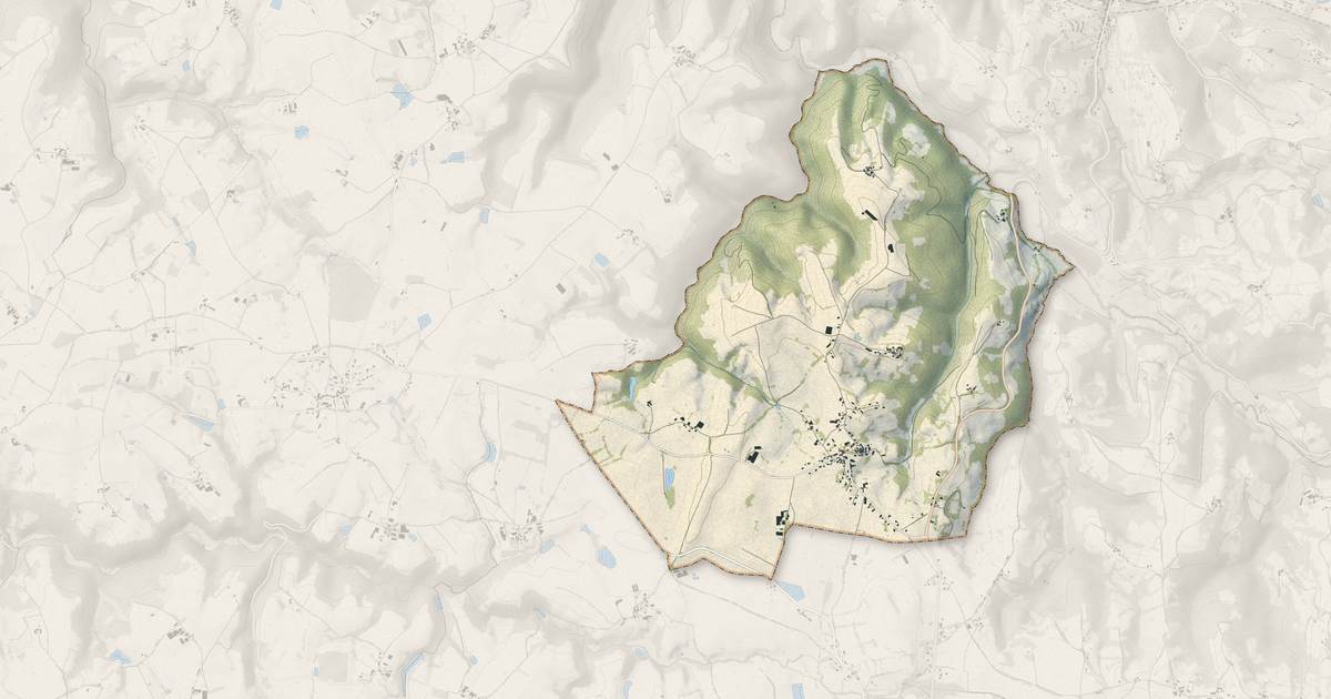 Portrait cartographique de Valzergues : relief, eau, forêts, bâti et voies, calculés à partir des données de l'IGN