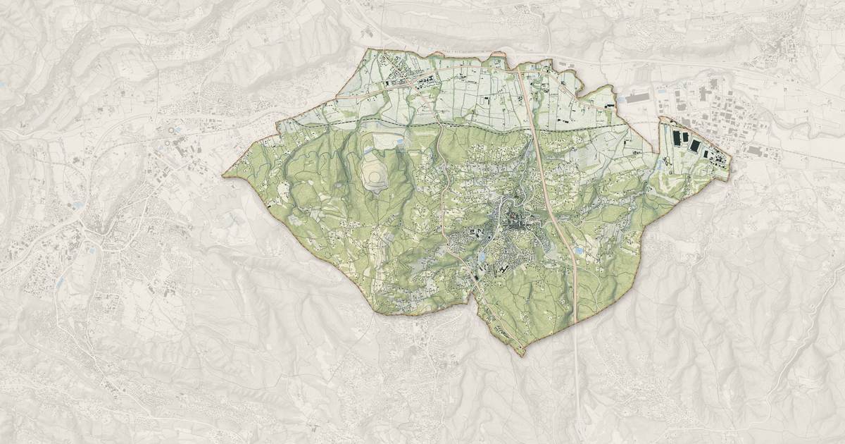 Portrait cartographique de Fuveau : relief, eau, forêts, bâti et voies, calculés à partir des données de l'IGN