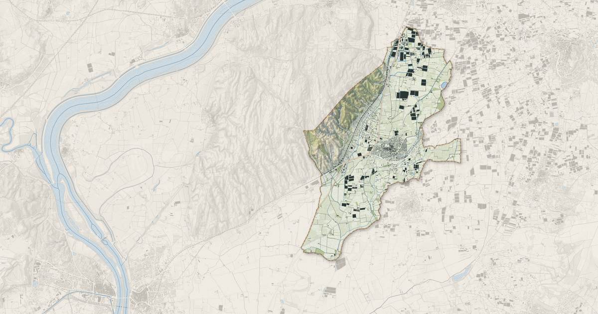 Portrait cartographique de Graveson : relief, eau, forêts, bâti et voies, calculés à partir des données de l'IGN