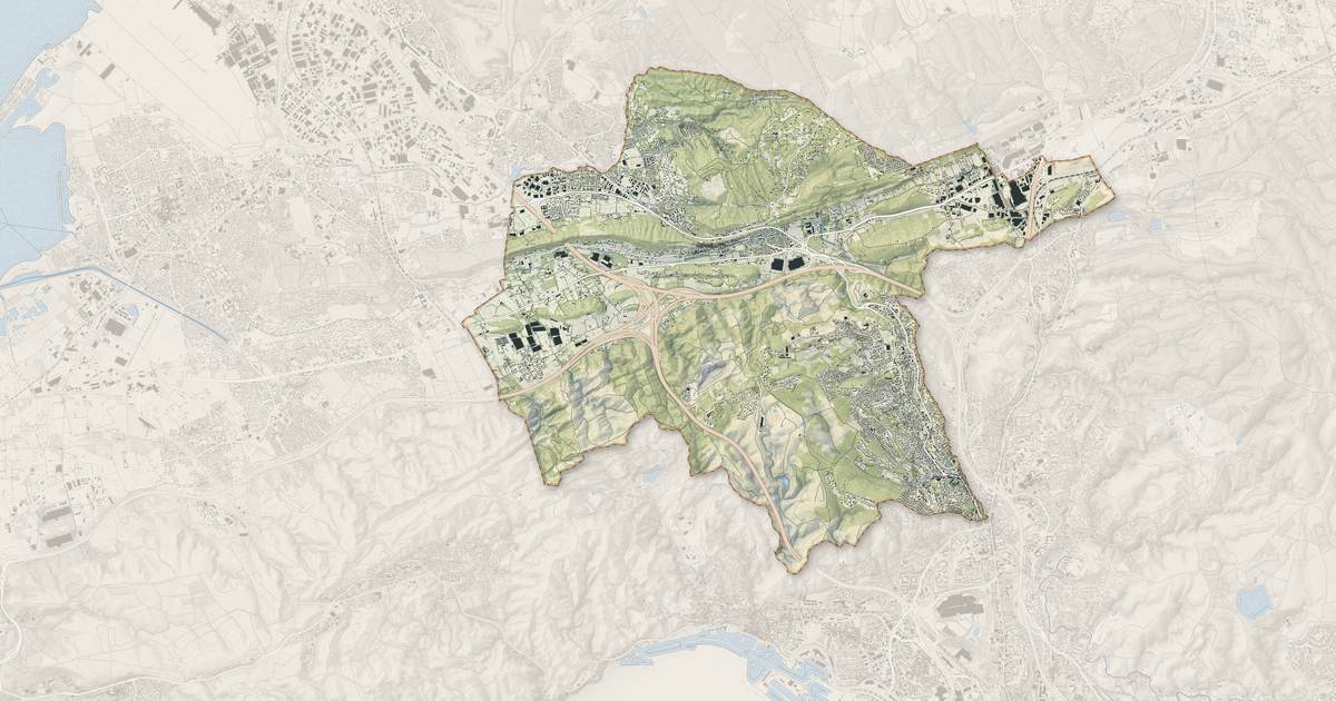 Portrait cartographique de Les Pennes-Mirabeau : relief, eau, forêts, bâti et voies, calculés à partir des données de l'IGN