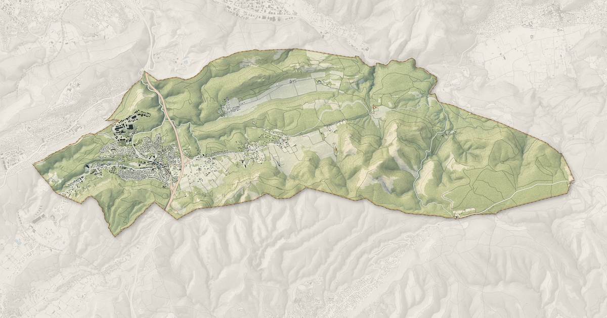 Portrait cartographique de Roquefort-la-Bédoule : relief, eau, forêts, bâti et voies, calculés à partir des données de l'IGN