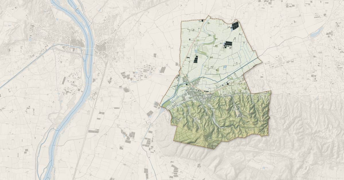 Portrait cartographique de Saint-Étienne-du-Grès : relief, eau, forêts, bâti et voies, calculés à partir des données de l'IGN