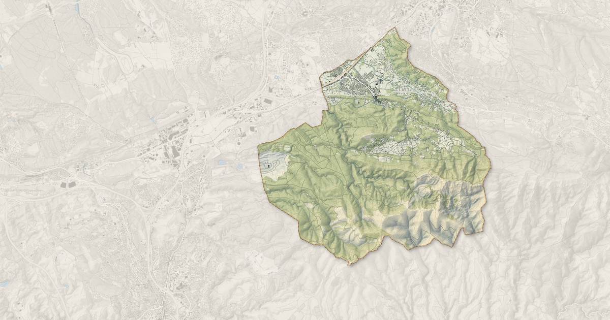 Portrait cartographique de Simiane-Collongue : relief, eau, forêts, bâti et voies, calculés à partir des données de l'IGN