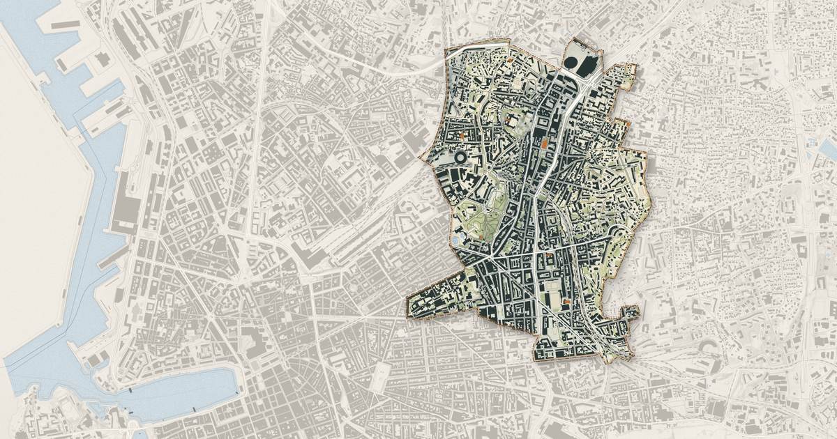 Portrait cartographique de Marseille 4e Arrondissement : relief, eau, forêts, bâti et voies, calculés à partir des données de l'IGN