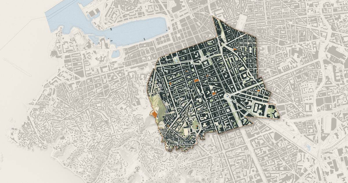 Portrait cartographique de Marseille 6e Arrondissement : relief, eau, forêts, bâti et voies, calculés à partir des données de l'IGN