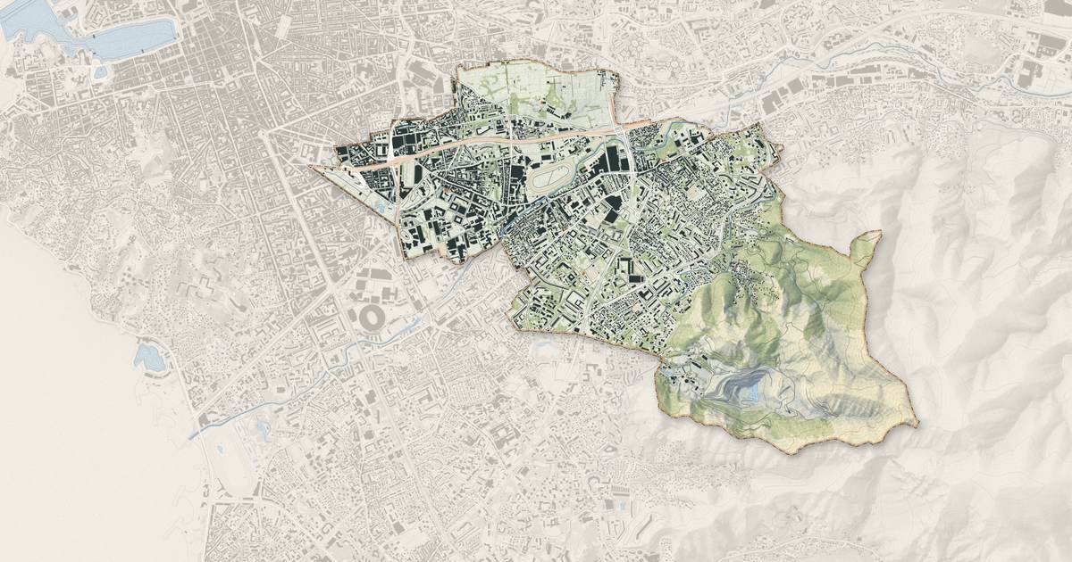 Portrait cartographique de Marseille 10e Arrondissement : relief, eau, forêts, bâti et voies, calculés à partir des données de l'IGN