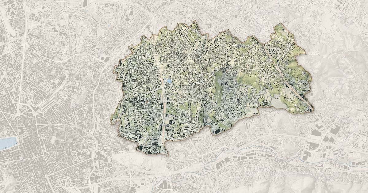Portrait cartographique de Marseille 12e Arrondissement : relief, eau, forêts, bâti et voies, calculés à partir des données de l'IGN