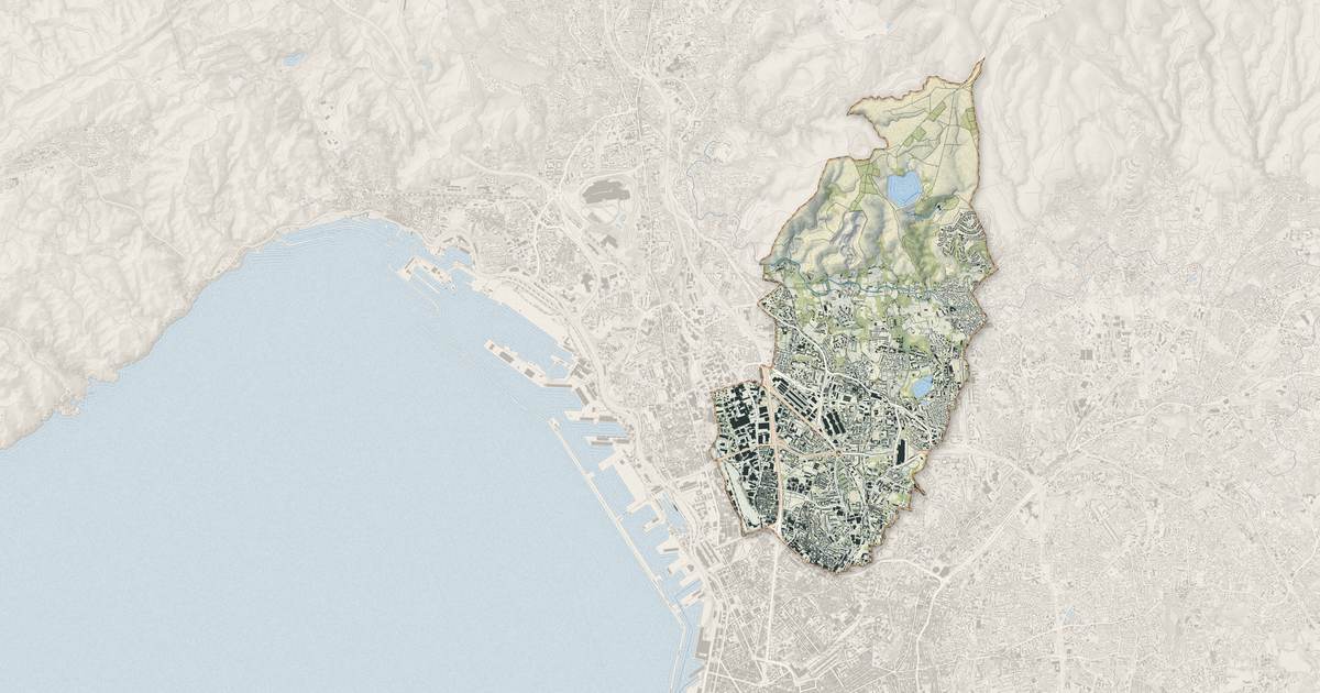 Portrait cartographique de Marseille 14e Arrondissement : relief, eau, forêts, bâti et voies, calculés à partir des données de l'IGN