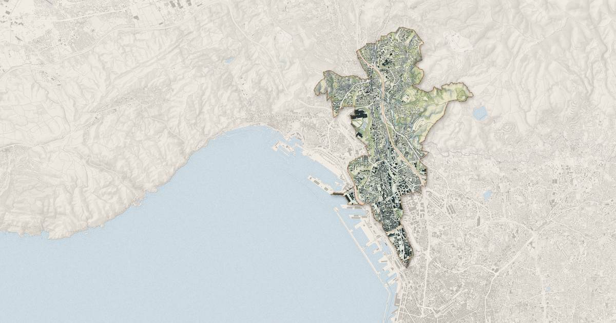 Portrait cartographique de Marseille 15e Arrondissement : relief, eau, forêts, bâti et voies, calculés à partir des données de l'IGN