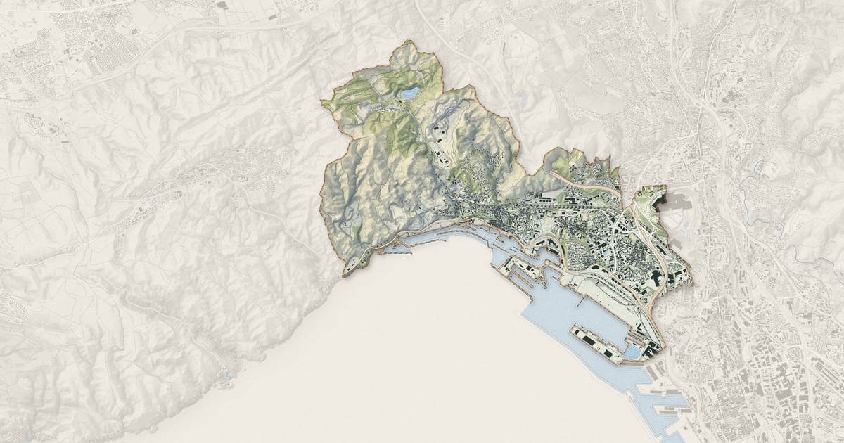 Portrait cartographique de Marseille 16e Arrondissement : relief, eau, forêts, bâti et voies, calculés à partir des données de l'IGN