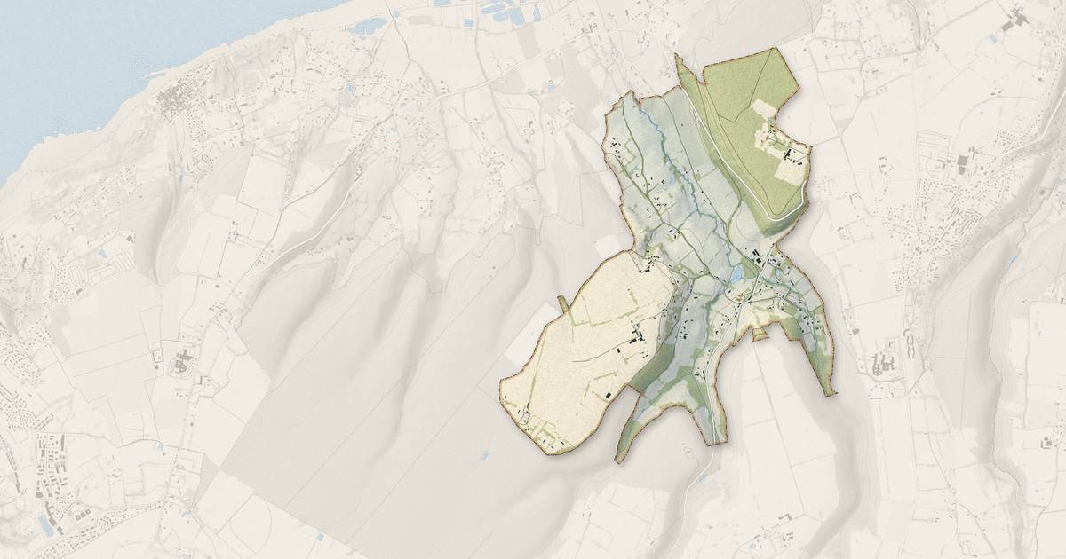 Portrait cartographique de Barneville-la-Bertran : relief, eau, forêts, bâti et voies, calculés à partir des données de l'IGN