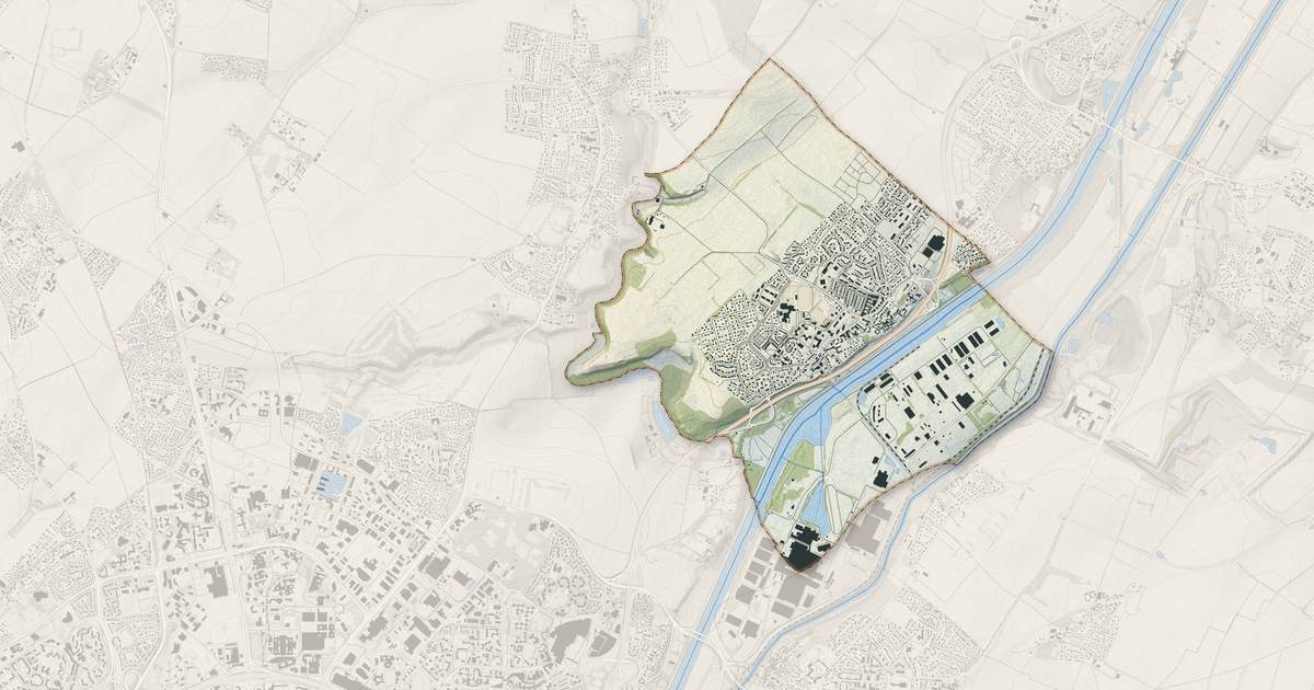 Portrait cartographique de Blainville-sur-Orne : relief, eau, forêts, bâti et voies, calculés à partir des données de l'IGN