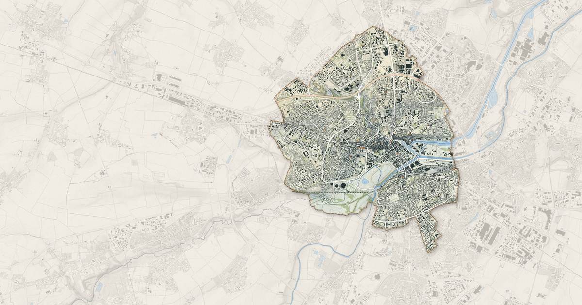 Portrait cartographique de Caen : relief, eau, forêts, bâti et voies, calculés à partir des données de l'IGN