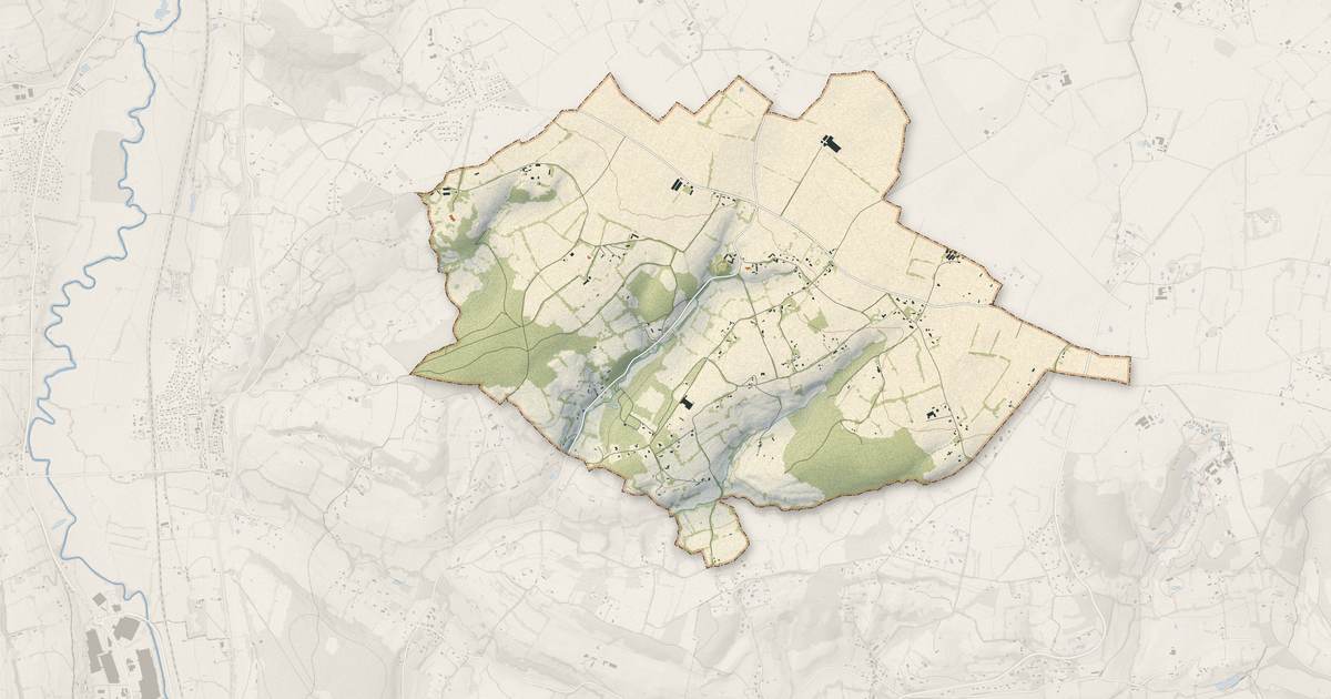 Portrait cartographique de Fauguernon : relief, eau, forêts, bâti et voies, calculés à partir des données de l'IGN