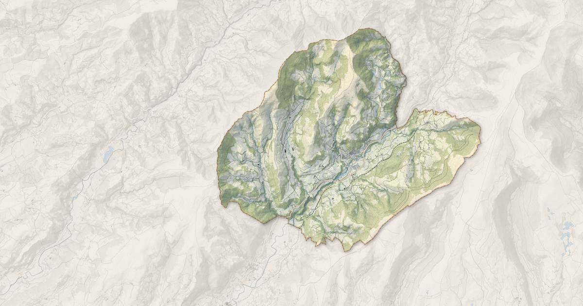 Portrait cartographique de Thiézac : relief, eau, forêts, bâti et voies, calculés à partir des données de l'IGN