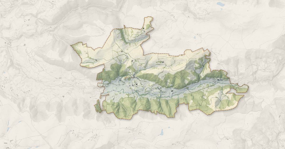 Portrait cartographique de Tournemire : relief, eau, forêts, bâti et voies, calculés à partir des données de l'IGN