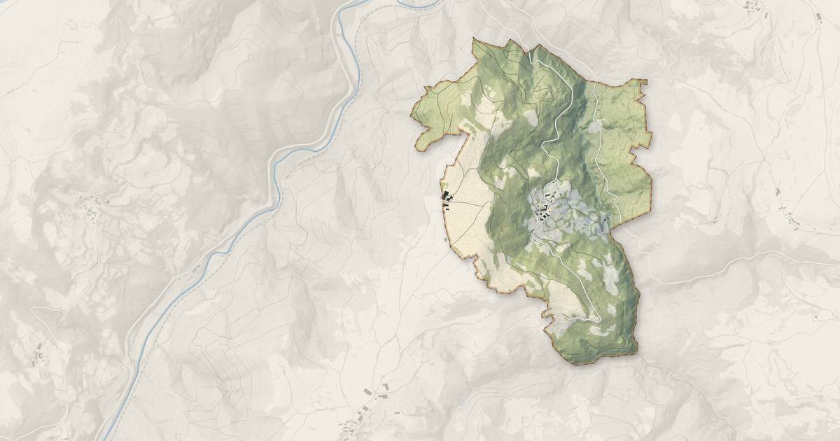 Portrait cartographique de Valjouze : relief, eau, forêts, bâti et voies, calculés à partir des données de l'IGN