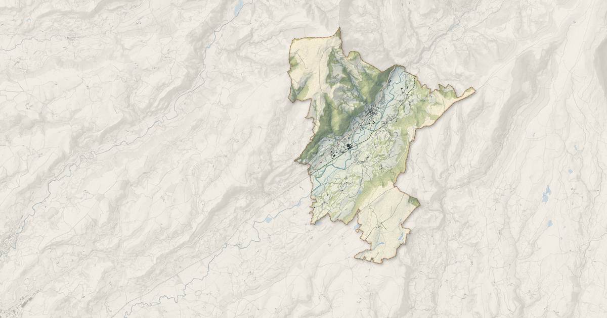 Portrait cartographique de Vic-sur-Cère : relief, eau, forêts, bâti et voies, calculés à partir des données de l'IGN