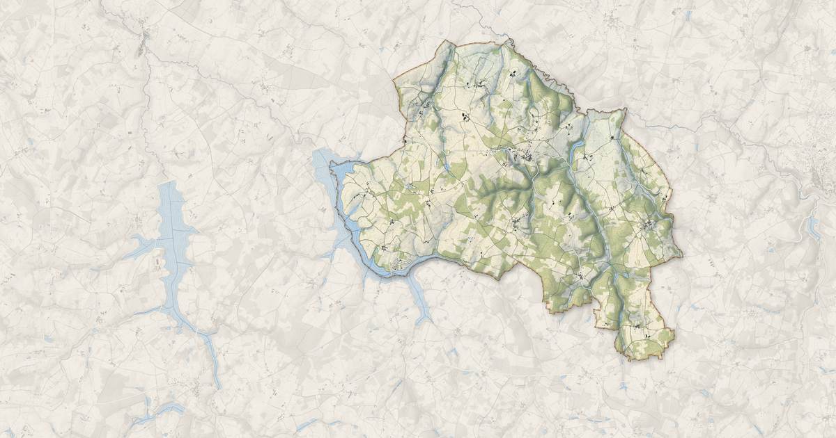 Portrait cartographique de Pressignac : relief, eau, forêts, bâti et voies, calculés à partir des données de l'IGN