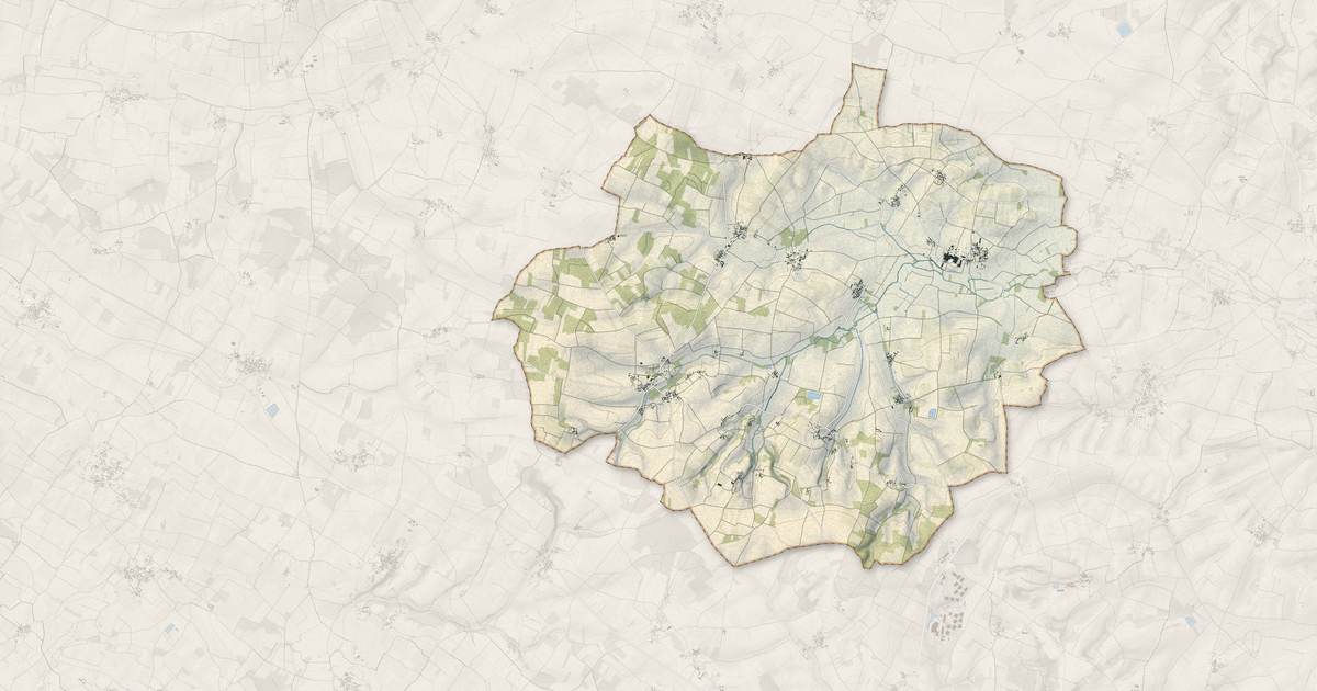 Portrait cartographique de Val-d'Auge : relief, eau, forêts, bâti et voies, calculés à partir des données de l'IGN