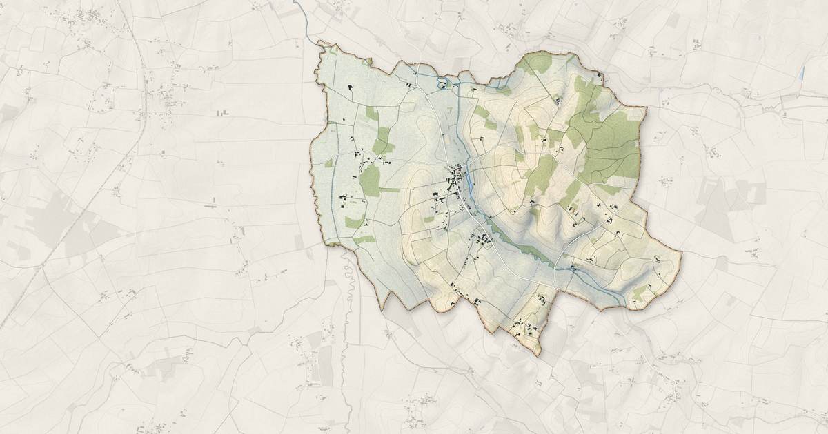 Portrait cartographique de Léoville : relief, eau, forêts, bâti et voies, calculés à partir des données de l'IGN