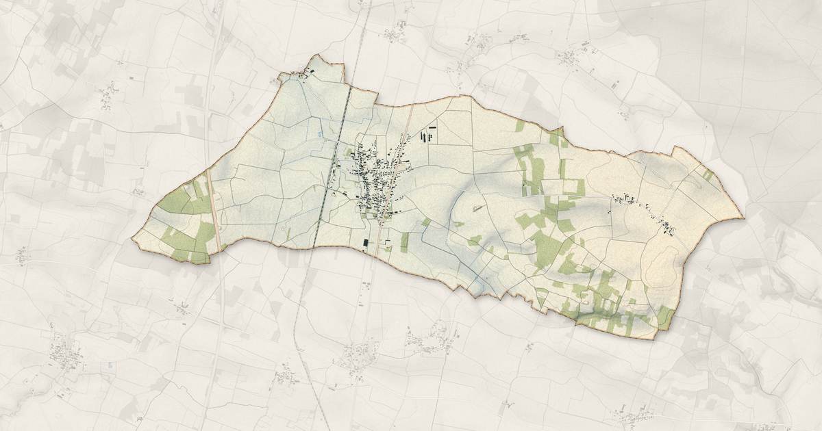 Portrait cartographique de Villeneuve-la-Comtesse : relief, eau, forêts, bâti et voies, calculés à partir des données de l'IGN
