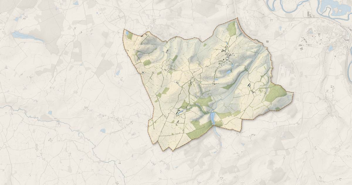 Portrait cartographique de Orcenais : relief, eau, forêts, bâti et voies, calculés à partir des données de l'IGN