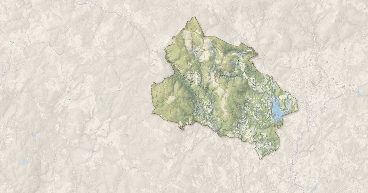 Portrait cartographique de Ambrugeat : relief, eau, forêts, bâti et voies, calculés à partir des données de l'IGN