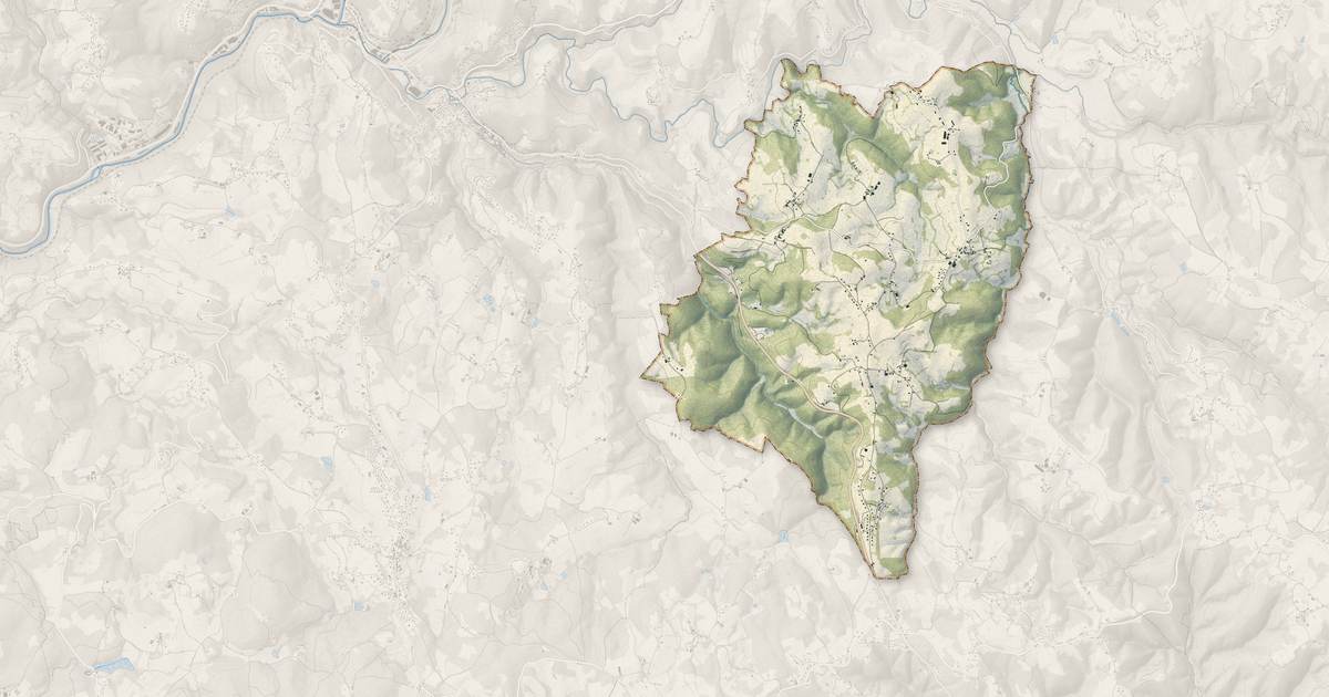 Portrait cartographique de Ladignac-sur-Rondelles : relief, eau, forêts, bâti et voies, calculés à partir des données de l'IGN