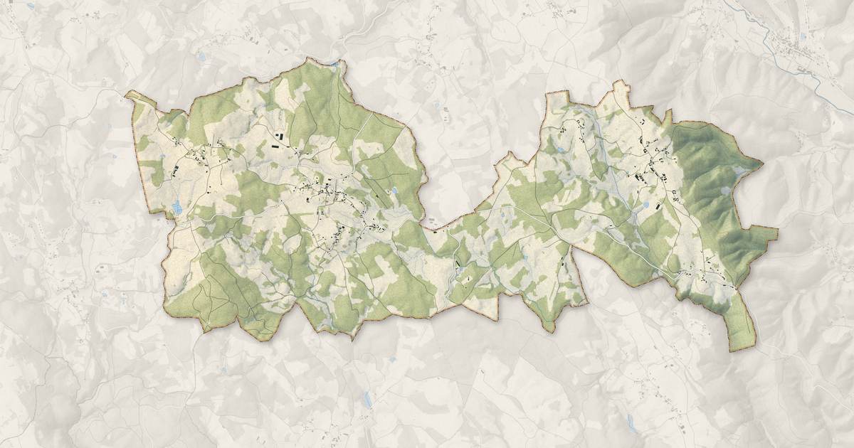 Portrait cartographique de Neuville : relief, eau, forêts, bâti et voies, calculés à partir des données de l'IGN