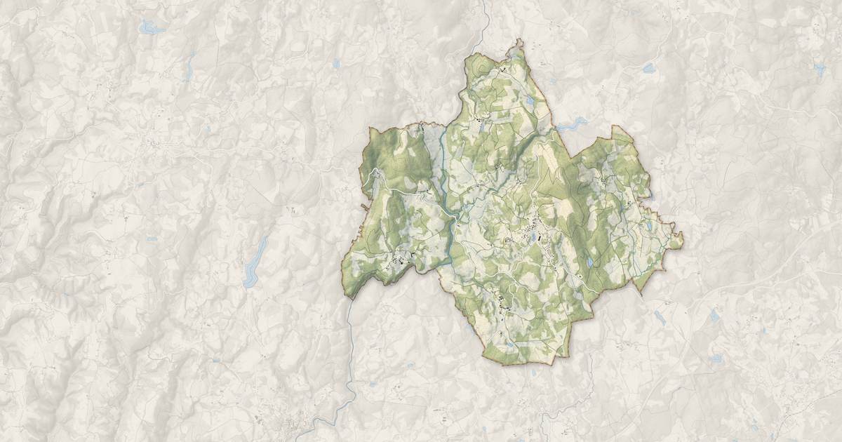 Portrait cartographique de Sarran : relief, eau, forêts, bâti et voies, calculés à partir des données de l'IGN