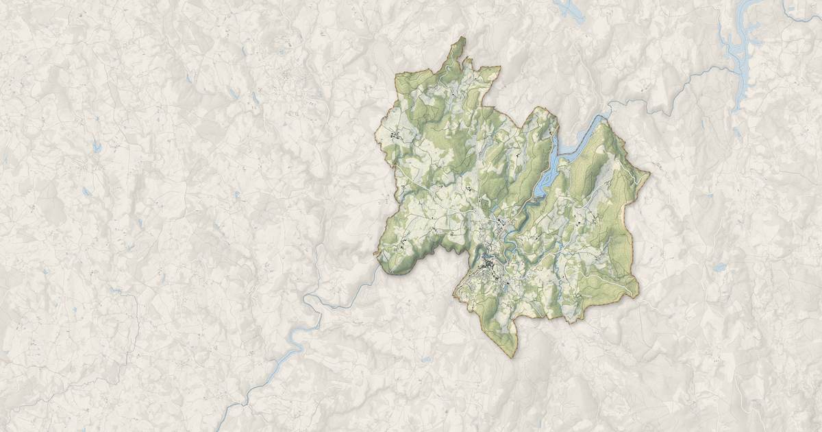 Portrait cartographique de Treignac : relief, eau, forêts, bâti et voies, calculés à partir des données de l'IGN