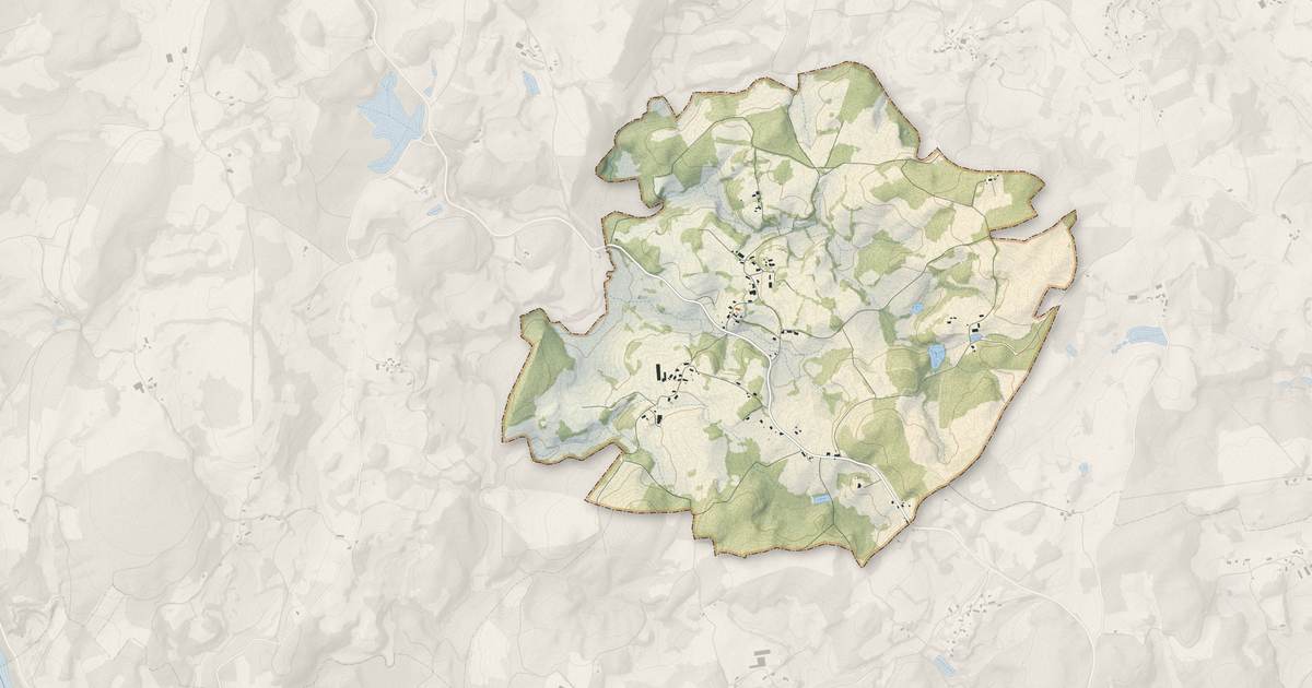 Portrait cartographique de Veyrières : relief, eau, forêts, bâti et voies, calculés à partir des données de l'IGN