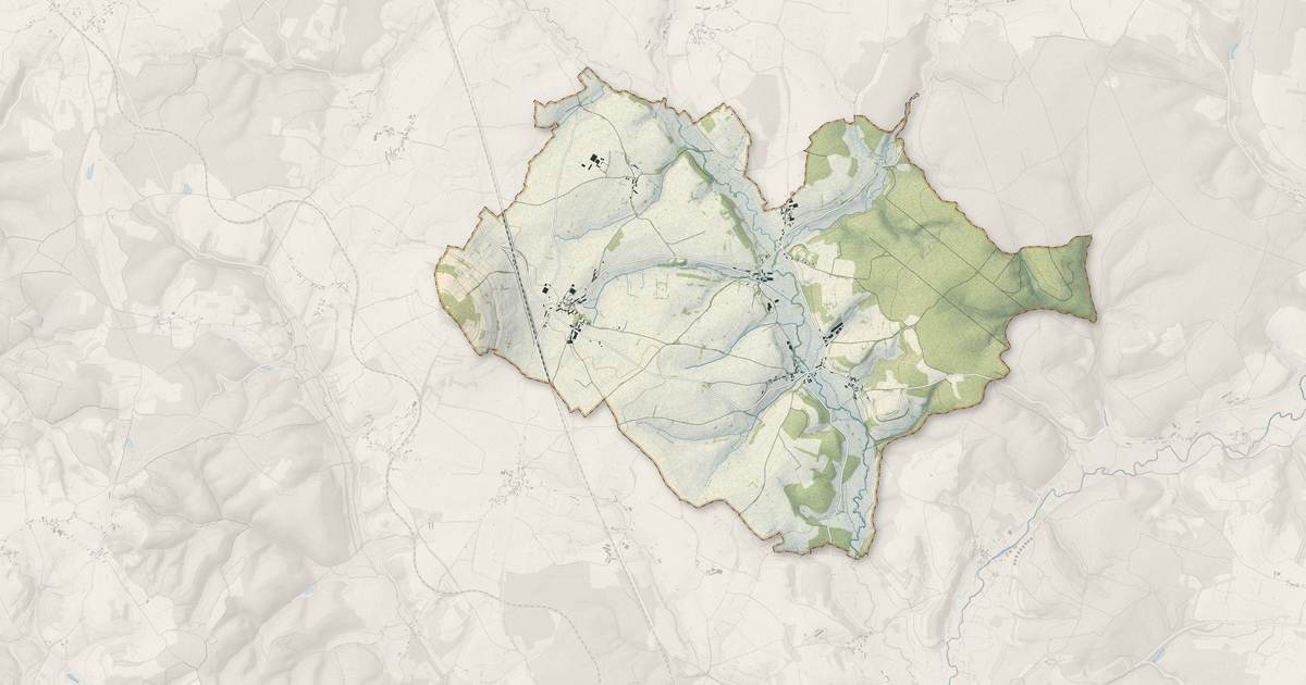 Portrait cartographique de Marcheseuil : relief, eau, forêts, bâti et voies, calculés à partir des données de l'IGN