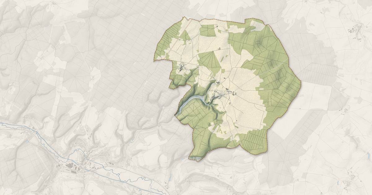 Portrait cartographique de Touillon : relief, eau, forêts, bâti et voies, calculés à partir des données de l'IGN