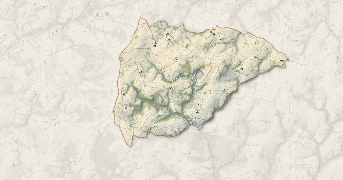 Portrait cartographique de Calanhel : relief, eau, forêts, bâti et voies, calculés à partir des données de l'IGN