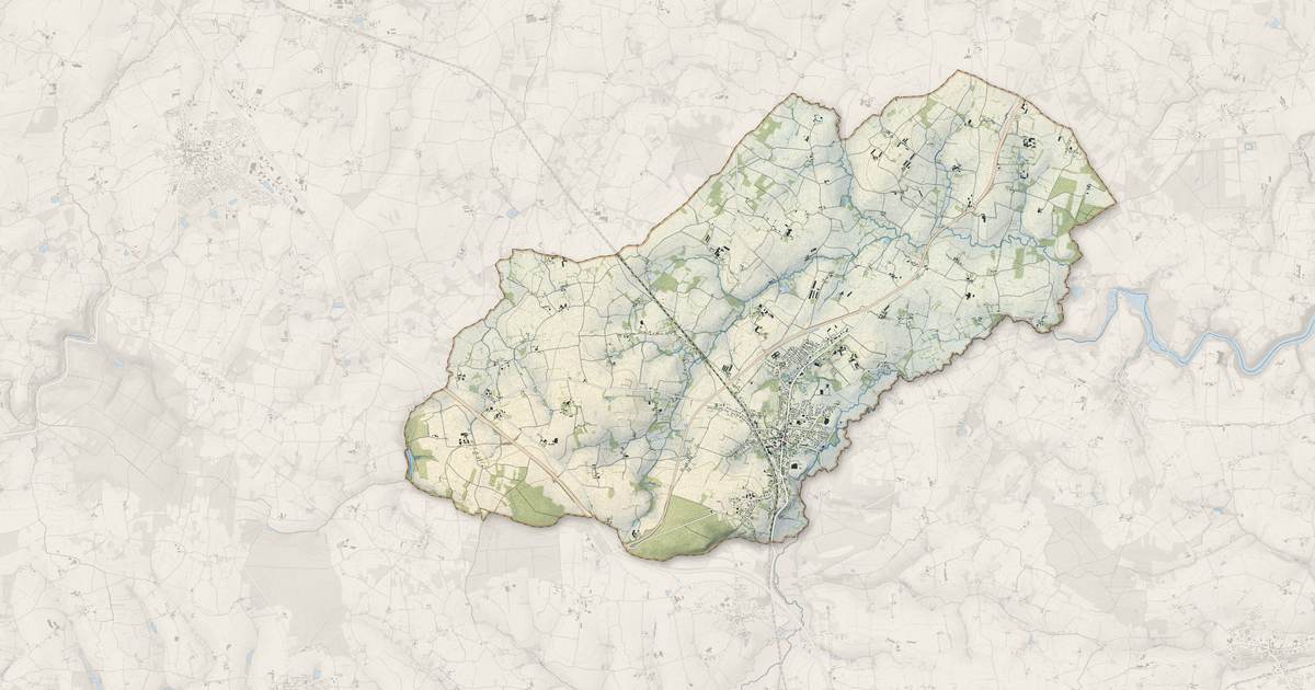 Portrait cartographique de Caulnes : relief, eau, forêts, bâti et voies, calculés à partir des données de l'IGN