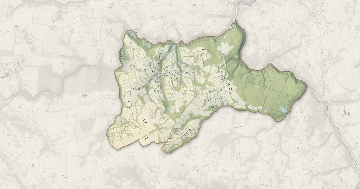 Portrait cartographique de Coadout : relief, eau, forêts, bâti et voies, calculés à partir des données de l'IGN