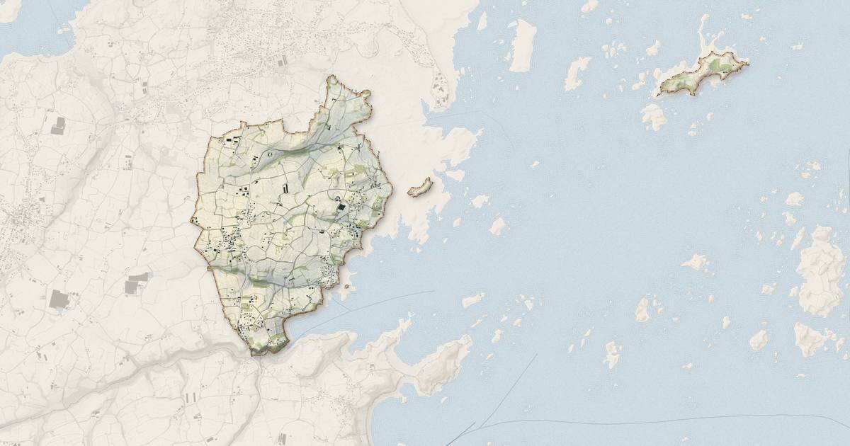 Portrait cartographique de Lanmodez : relief, eau, forêts, bâti et voies, calculés à partir des données de l'IGN