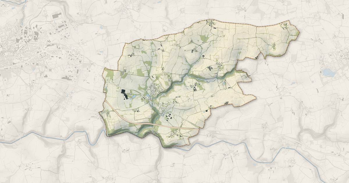 Portrait cartographique de Le Moustoir : relief, eau, forêts, bâti et voies, calculés à partir des données de l'IGN